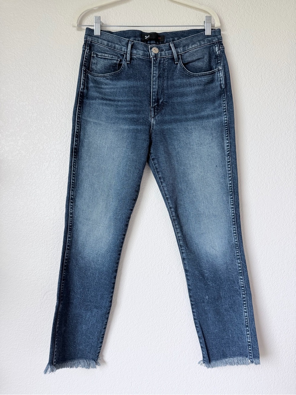 3x1 NYC Raw Hem Straight Leg Jeans 29 Mid Rise Stretch Blue Denim Frayed Hem